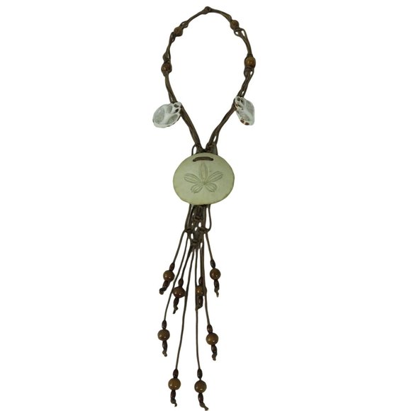 Vintage 70s Macramé Sand Dollar Shell Bead Necklace Hanging Wall Art - Picture 2 of 10